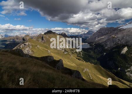 September afternoon. Dolomites, Italy. Views from Padon towards the Marmolada massif. Stock Photo