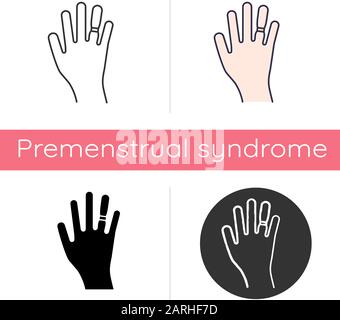Swelling icon. Weight gain. Swollen finger. Bloating on arm. Hand inflation. Predmenstrual syndrome symptom. Overweight problem. Flat design, linear a Stock Vector