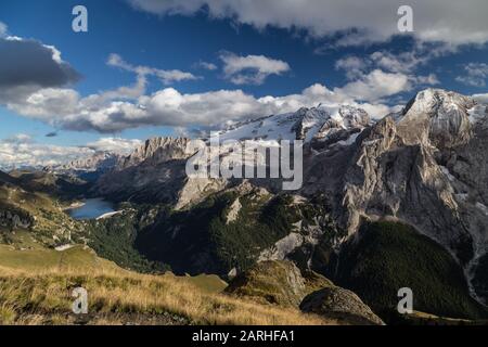 September afternoon. Dolomites, Italy. Views from Padon towards the Marmolada massif. Stock Photo