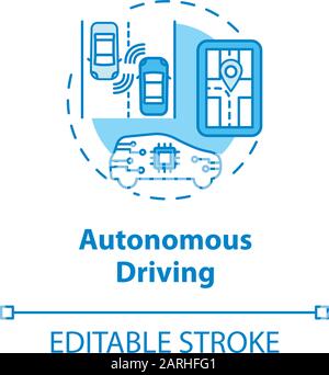 Autonomus driving concept icon. Smart car. Unmanned vehicles idea thin line illustration. Driverless automobile. Artificial Intelligence. Vector isola Stock Vector