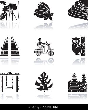 Indonesia drop shadow black glyph icons set. Tropical country animals. Trip to Indonesian islands. Exotic wildlife. Unique flora, fauna. Bali sightsee Stock Vector