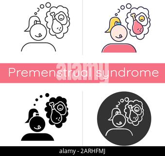 Fried food craving icon. Woman thinking of fry egg and chicken thighs. Girl hungry for fast food. Appetite for snack. Flat design, linear and color st Stock Vector