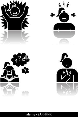 PMS symptoms drop shadow black glyph icons set. Emotional outburst. Irritability and stress. Poor concentration. Chest pain. Female healthcare. Attent Stock Vector