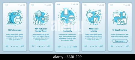 5G technologies onboarding mobile app page screen vector template. 100% coverage. Walkthrough website steps with linear illustrations. Millisecond lat Stock Vector