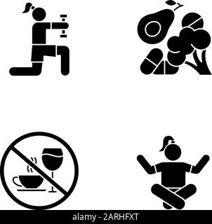Healthcare glyph icons set. Physical exercise. Vitamin intake, vegetables. Alcohol, caffeine refusal. Meditation, yoga practice. Fitness and workout. Stock Vector