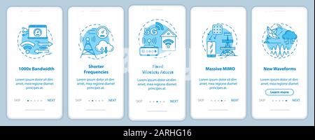 5G technologies onboarding mobile app page screen with linear concepts. Massive MIMO. Shorter frequencies. Five walkthrough steps graphic instructions Stock Vector