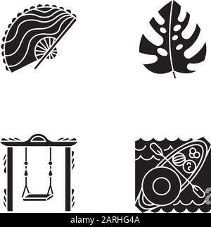 Indonesia glyph icons set. Tropical country plants. Trip to Indonesian islands. Exploring exotic culture traditions. Unique souvenirs. Floating market Stock Vector