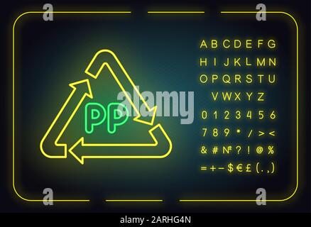 PP symbol neon light icon. Thermoplastic polymer marking. Resin identification code. Arrow triangle. Organic chemistry. Glowing sign with alphabet, nu Stock Vector