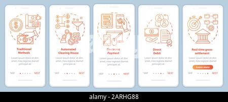 Payment systems onboarding mobile app page screen vector template. Electronic payment. Direct debit. Walkthrough website steps with linear illustratio Stock Vector