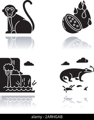 Indonesia drop shadow black glyph icons set. Tropical country animals. Trip to Indonesia. Exploring exotic wildlife. Unique fruits, plants. Nature won Stock Vector