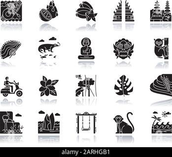 Indonesia drop shadow black glyph icons set. Tropical country animals. Trip to Indonesian islands. Exotic culture. Unique fruits, plants. Nature and a Stock Vector