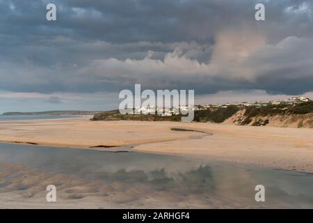 Sunset on the beach at Porth North Cornwall UK Stock Photo - Alamy