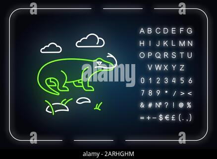 Komodo dragon neon light icon. Tropical country animals. Indonesian fauna. Exploring exotic wildlife. Varans in nature. Glowing sign with alphabet, nu Stock Vector