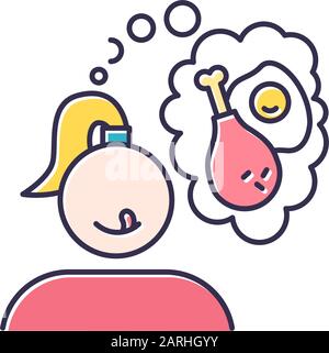 Fried food craving color icon. Woman thinking of fry egg and chicken thighs. Unhealthy eating habit. Girl hungry for fast food. Appetite and temptatio Stock Vector