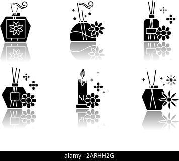 Aromatherapy drop shadow black glyph icons set. Floral scented sticks. Aromatic candles. Blossom air freshener. Cosmetology, spa therapy. Relaxation. Stock Vector