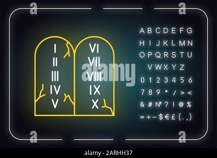 Ten Commandments Bible story neon light icon. Biblical laws written on stone tablets. Religious legend. Glowing sign with alphabet, numbers and symbol Stock Vector