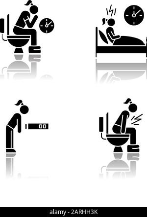 Predmenstrual syndrome drop shadow black glyph icons set. Menstruation symptoms. Constipation and stomach ache. Insomnia. Fatigue, tired girl. Diarrhe Stock Vector