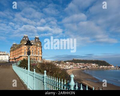 View across South Bay towards Castle Hill from the Spa Bridge and Grand Hotel in Scarborough North Yorkshire England Stock Photo