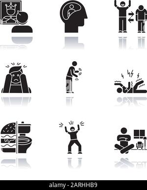 Mental disorder drop shadow black glyph icons set. Delusion. Bipolar disorder. Panic attack. Parkinson disease. Epilepsy. Bulimia. Hysteria. Alice in Stock Vector