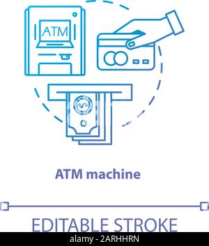 ATM machine blue gradient concept icon. Bankomat idea thin line illustration. Cashpoint, cashline. Money withdrawal. Financial operation. Digital bank Stock Vector