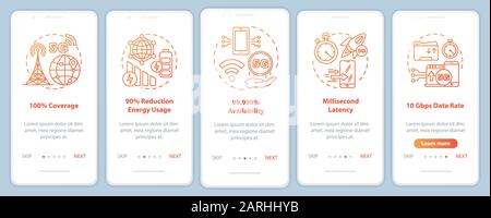 5G technologies onboarding mobile app page screen vector template. Millisecond latency. 100% coverage. Walkthrough website steps with linear illustrat Stock Vector