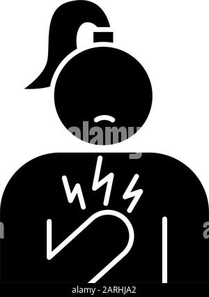 Chest pain glyph icon. Stressed girl. Anxious woman. Heart attack. Healthcare problem. Palpitation. Predmenstrual syndrome symptom. Silhouette symbol. Stock Vector