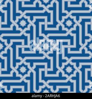 Classic Blue Ornate Seamless Vector Pattern of Moorish Tile Decorations. Tileable mosaic background in Islamic style. Stock Vector