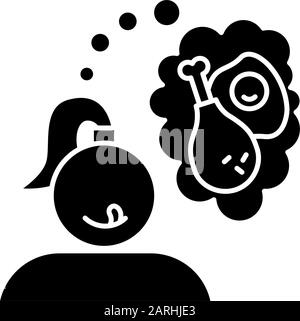 Fried food craving glyph icon. Woman thinking of fry egg and chicken thighs. Unhealthy eating habit. Girl hungry for fast food. Silhouette symbol. Neg Stock Vector