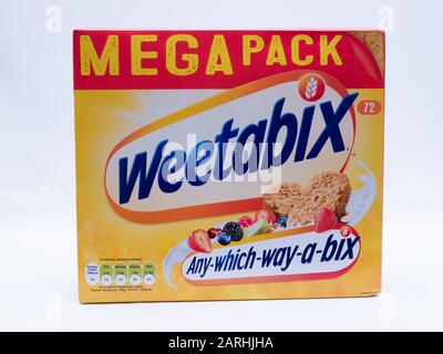 UK, Jan 2020: Weetabix breakfast cereal mega pack box family size on white studio background Stock Photo