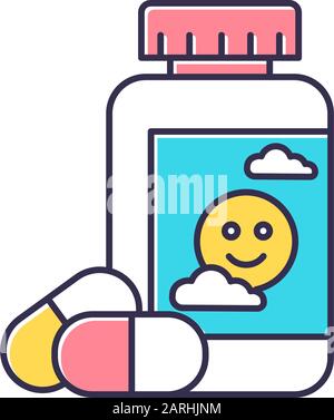 Antidepressant color icon. Depression medication. Pills and drugs in bottle. Painkiller and supplement. Placebo product. Anxiety help. Psychological p Stock Vector