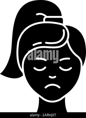 Sadness glyph icon. Unhappy expression. Low mood. Emotionally drained girl. Anxious woman. Loneliness. Depression and stress. Silhouette symbol. Negat Stock Vector