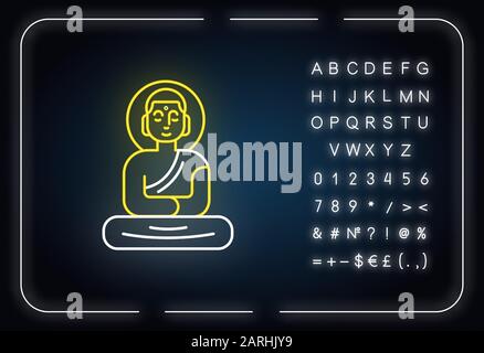 Buddha statue neon light icon. Sitting meditation in lotus pose. Symbol of peace and harmony. Oriental religious sculpture. Glowing sign with alphabet Stock Vector