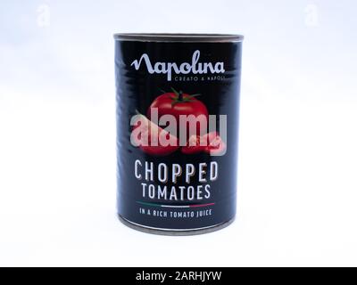 UK, Jan 2020: Napolina chopped tomatoes in juice on white studio background Stock Photo