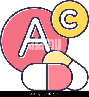 Vitamin intake color icon. Diet supplement. Multivitamin complex supply. Nutrition and healthcare. Medicament treatment. Wellness and wellbeing aid. C Stock Vector