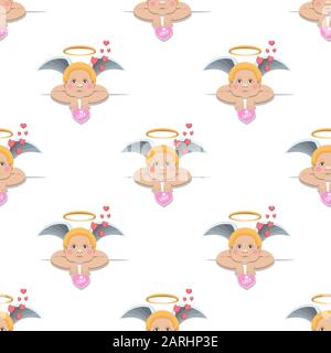 Seamless pattern of a little Cupid holding a Valentine's day card on a white background. Vector image. Stock Vector