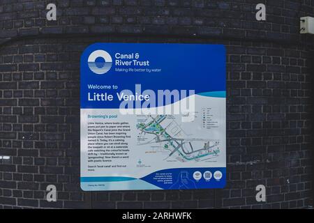 London/UK - 17/07/2019: Map of the Little Venice district lays around the junction of the Paddington Arm of the Grand Union Canal and the Regent's Can Stock Photo