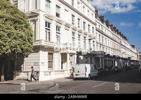 London/UK - 22/07/19: Regency white stucco terraced townhouses on Devonshire Terrace near Cleveland Square. Regency architecture encompasses classical Stock Photo