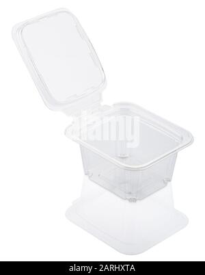 Empty open transparent plastic food container isolated on white with clipping path Stock Photo