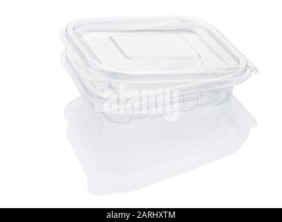 Empty open transparent plastic food container isolated on white with clipping path Stock Photo
