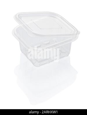 Empty open transparent plastic food container isolated on white with clipping path Stock Photo