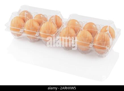chicken eggs in a plastic container isolated on a white background, clipping path Stock Photo