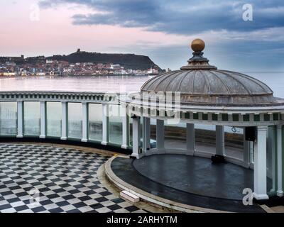 View across South Bay from the Sun Court at Scarborough Spa towards Castle Hill Scarborough North Yorkshire England Stock Photo