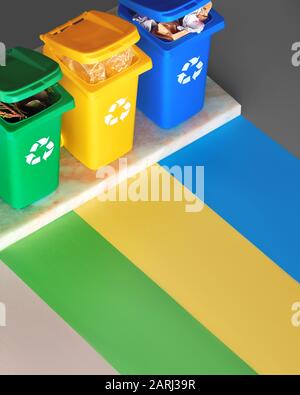Three color-coded waste bins for trash, compostables and recycle lined ...