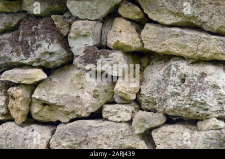 Stone wall of shell rock, lightly covered with moss, folded by hand.  Stock Photo