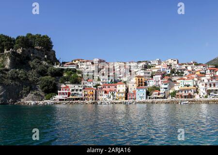 Viewed here is the wonderful town of Parga in north west Greece, home to clear blue waters of the Ionian Sea and Greek hospitality Stock Photo