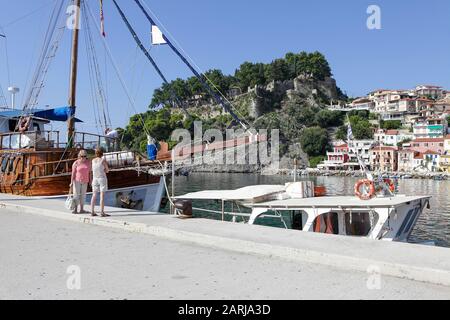 Viewed here is the wonderful town of Parga in north west Greece, home to clear blue waters of the Ionian Sea and Greek hospitality Stock Photo