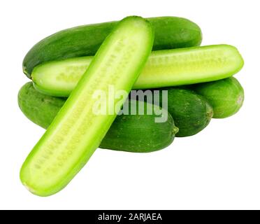 Group of small baby cucumbers isolated on a white background Stock Photo