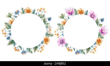 Round frames with watercolor wildflowers. Wreaths for a wedding on a white background with flowers of mallow, daisies, tansy, carnations. There is a p Stock Photo