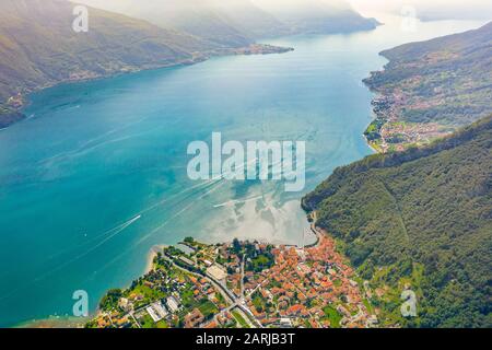 Lake Como Aerial View. Travel Postcard Concept. Coastline of Lago di Como With Many Villages. Stock Photo