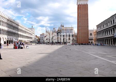 Venice, Italy: View of Saint Marks Square (Piazza san Marco), the Campinal Tower Basilica San Marco sand the Doges Palace Stock Photo